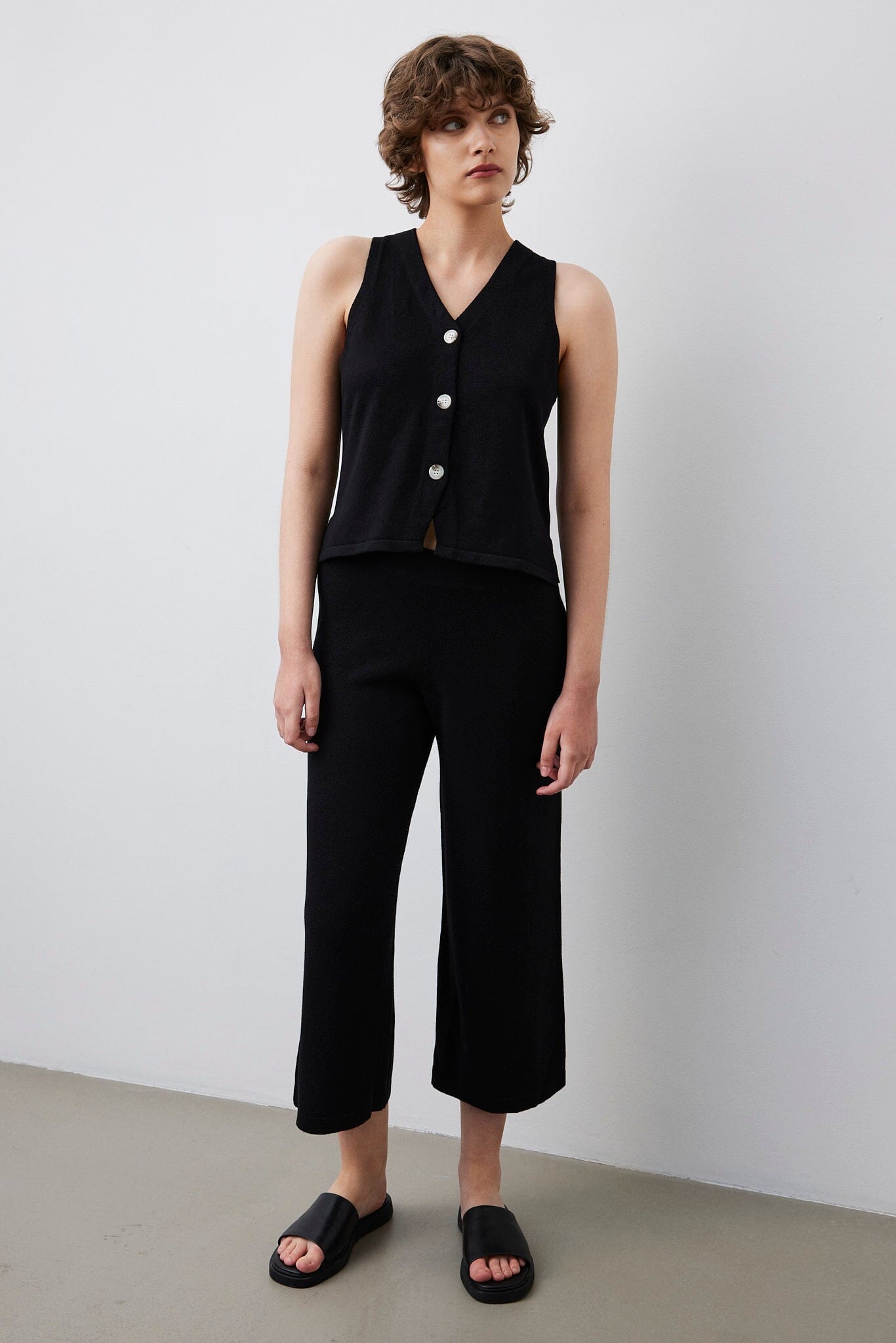 Button-Up Knit vest Tops Women Bamboo Cashmere XS Black 